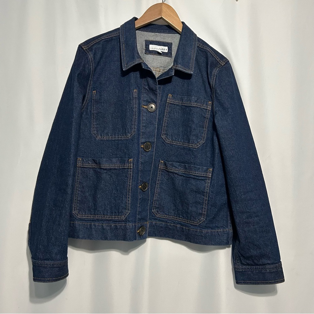 LOFT Women’s Utility Denim Jacket Relax Fit Sz Large Dark Wash
